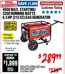 4000 Max Starting/3200 Running Watts, 6.5 HP  (212cc) Generator EPA III with GFCI Outlet Protection